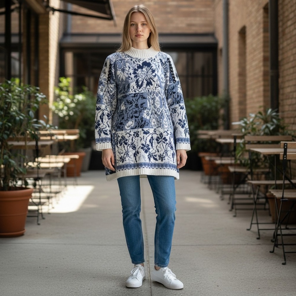 Cut‎ 4 U Vintage Floral Patchwork Tunic Sweater Blue White One Size Made in USA
